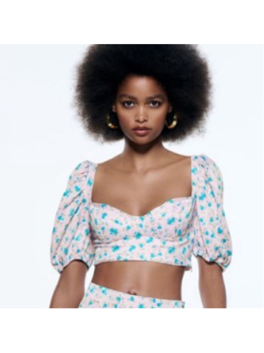 Zara Pink & Blue Floral Puff Sleeve Smocked Back Satin Corset Crop Top Size L